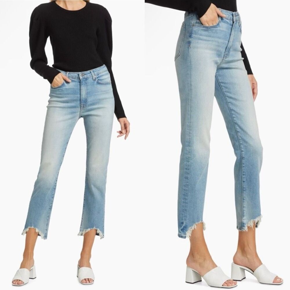 Jonathan Simkhai River High Rise Straight Leg Jeans Light Wash Frayed Hems 27